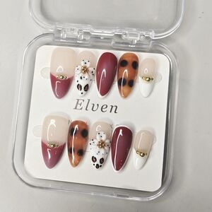 Red Orange White French Tips With Floral Handmade Press On Nails Medium Almond